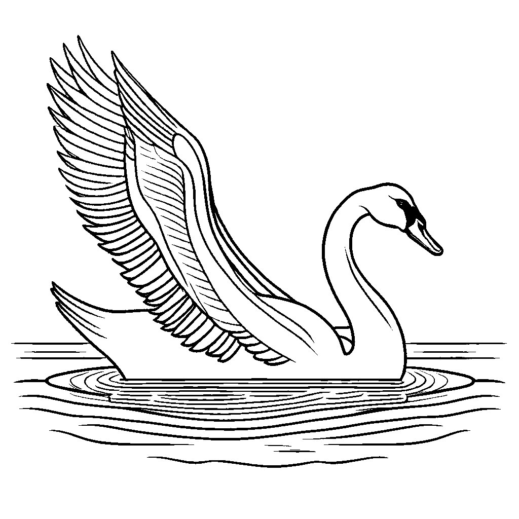Swan with wings unfurled standing elegantly in the water.