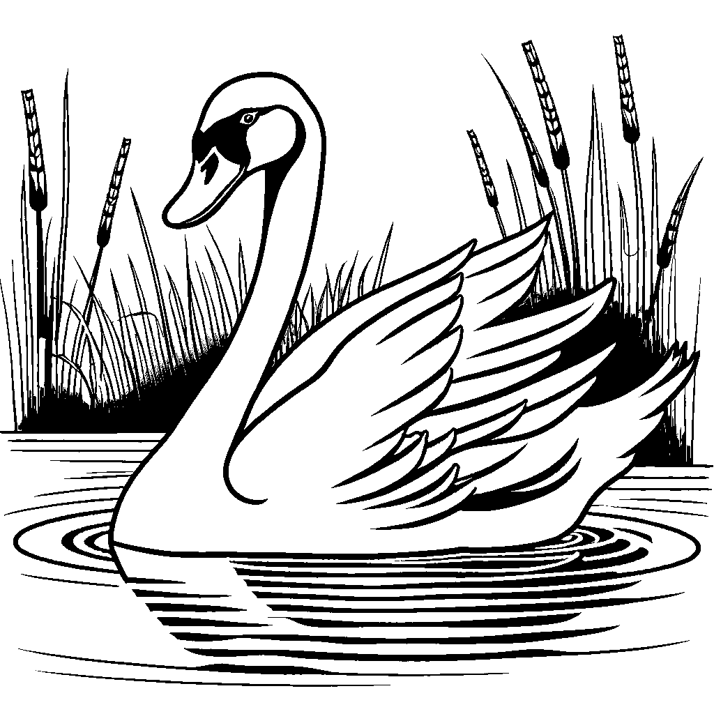 Swan peacefully gliding on serene river with reeds and gentle ripples.
