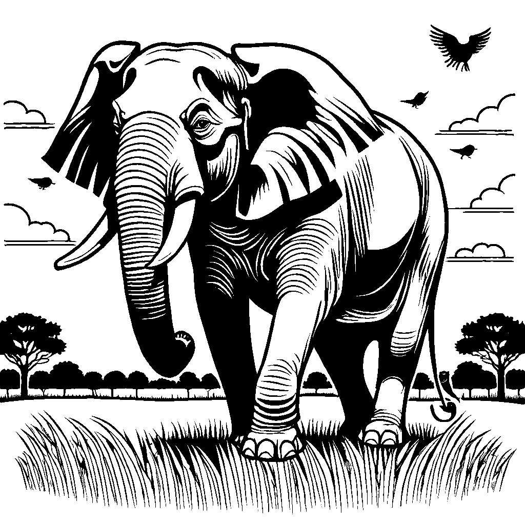 Simple line drawing of an elephant in a field with a bird on its back