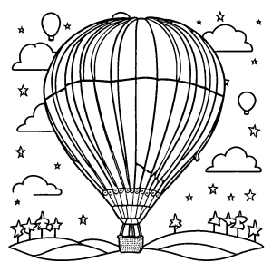 Hot air balloon with festive decorations flying high above a celebration