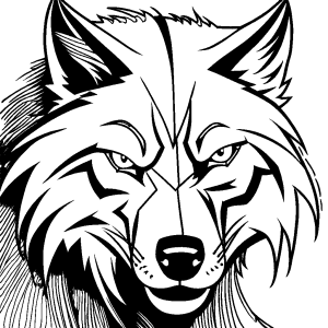Close-up of a wolf's face coloring page