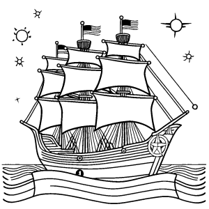 Line art of a ship with waving flags for coloring activity