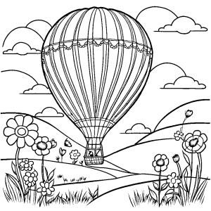 Hot air balloon adorned with flowers and leaves gliding over a peaceful meadow
