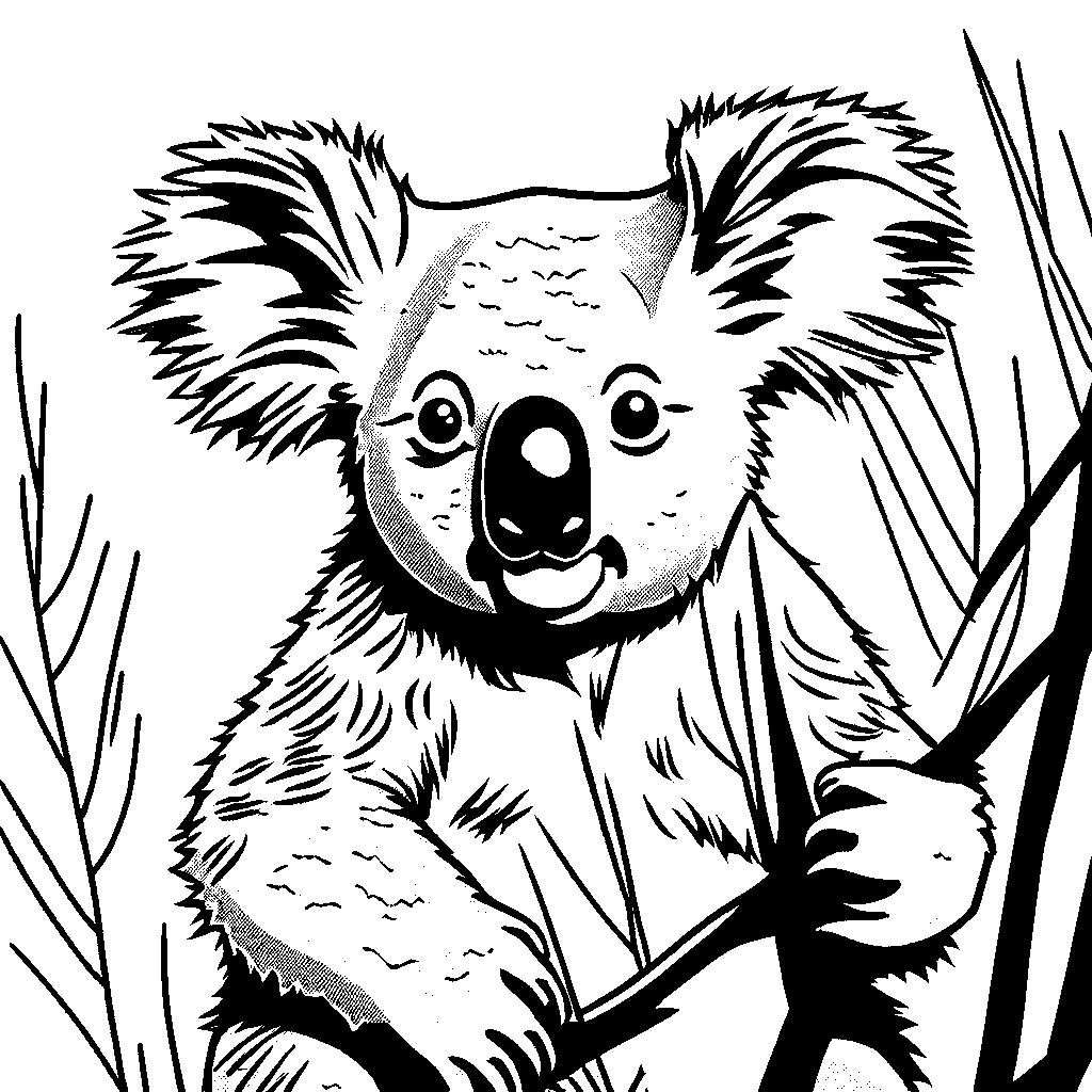 Black and white sketch of a koala with a fuzzy texture