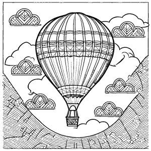 Intricate geometric-patterned hot air balloon floating high above the clouds