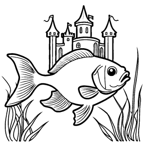 Goldfish with castle and seaweed coloring page