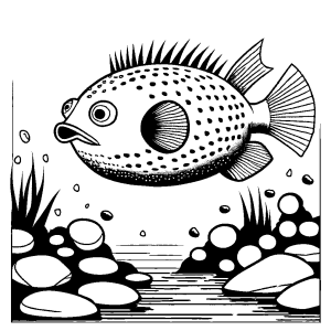Pufferfish gracefully gliding through water surrounded by colorful pebbles and rocks coloring page