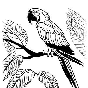 Hand-drawn macaw perched on a tree branch with leaves