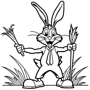 Outline drawing of Bugs Bunny standing on carrot and pointing forward