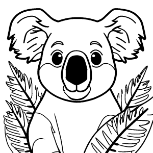Cute koala face with a happy expression surrounded by eucalyptus leaves