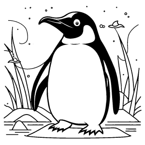 Joyful penguin holding a fish in its beak coloring page