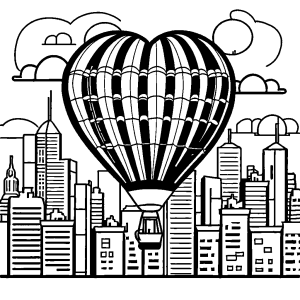 Hot air balloon in heart shape floating above a city skyline
