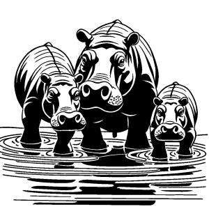 Hippopotamus family wading in shallow water