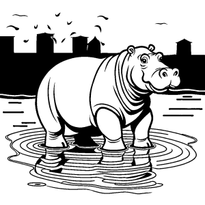Hippopotamus standing in river with grass around Coloring Page