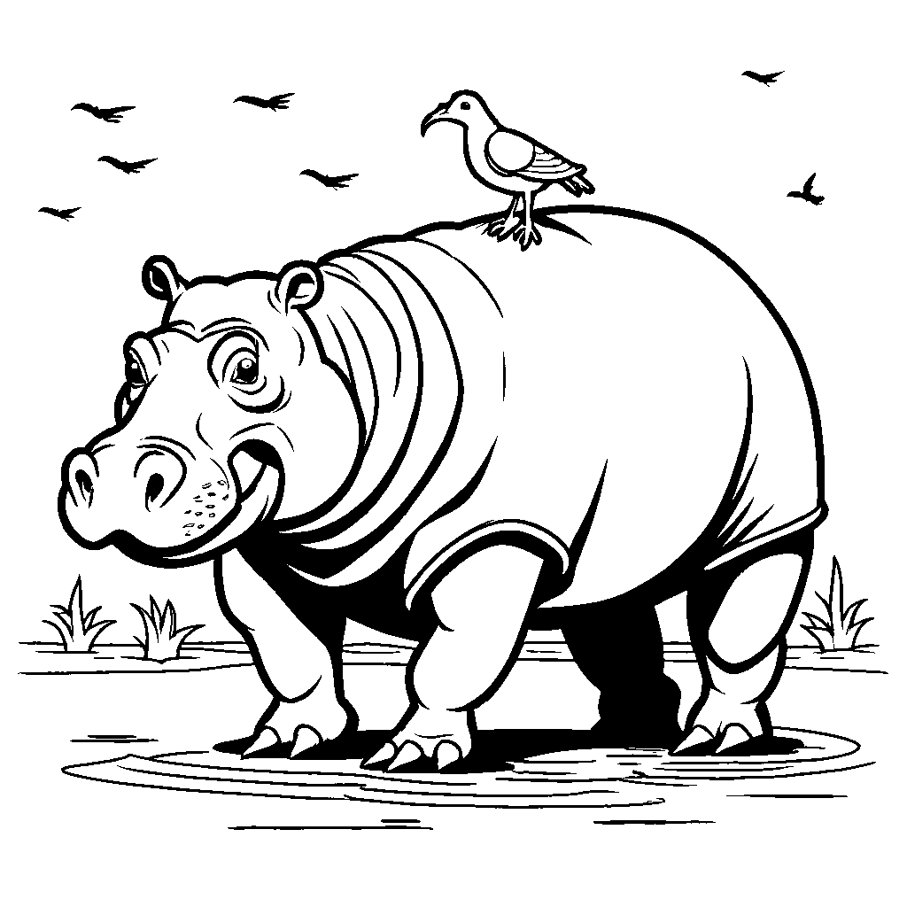 Hippopotamus with bird standing on its back Coloring Page