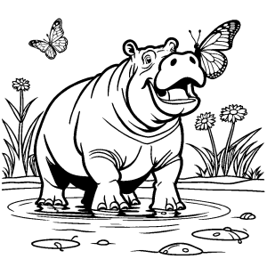 Hippopotamus with butterfly landing on its nose Coloring Page