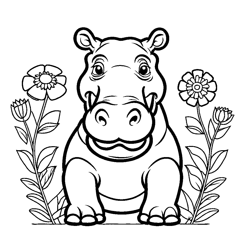 Hippopotamus with flower garland around its neck Coloring Page