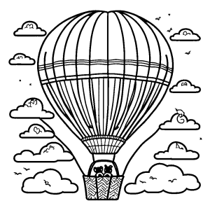 Hot air balloon with a basket full of cute animals soaring through the sky