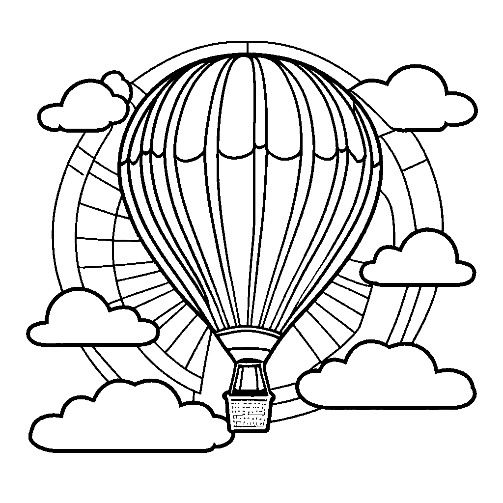 Hot Air Balloon floating in the sky with sun and clouds in the background