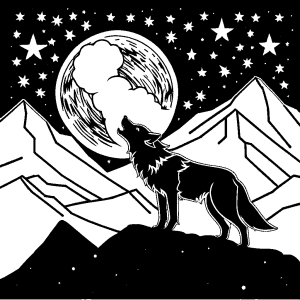 Wolf howling at night with stars, mountains, coloring page