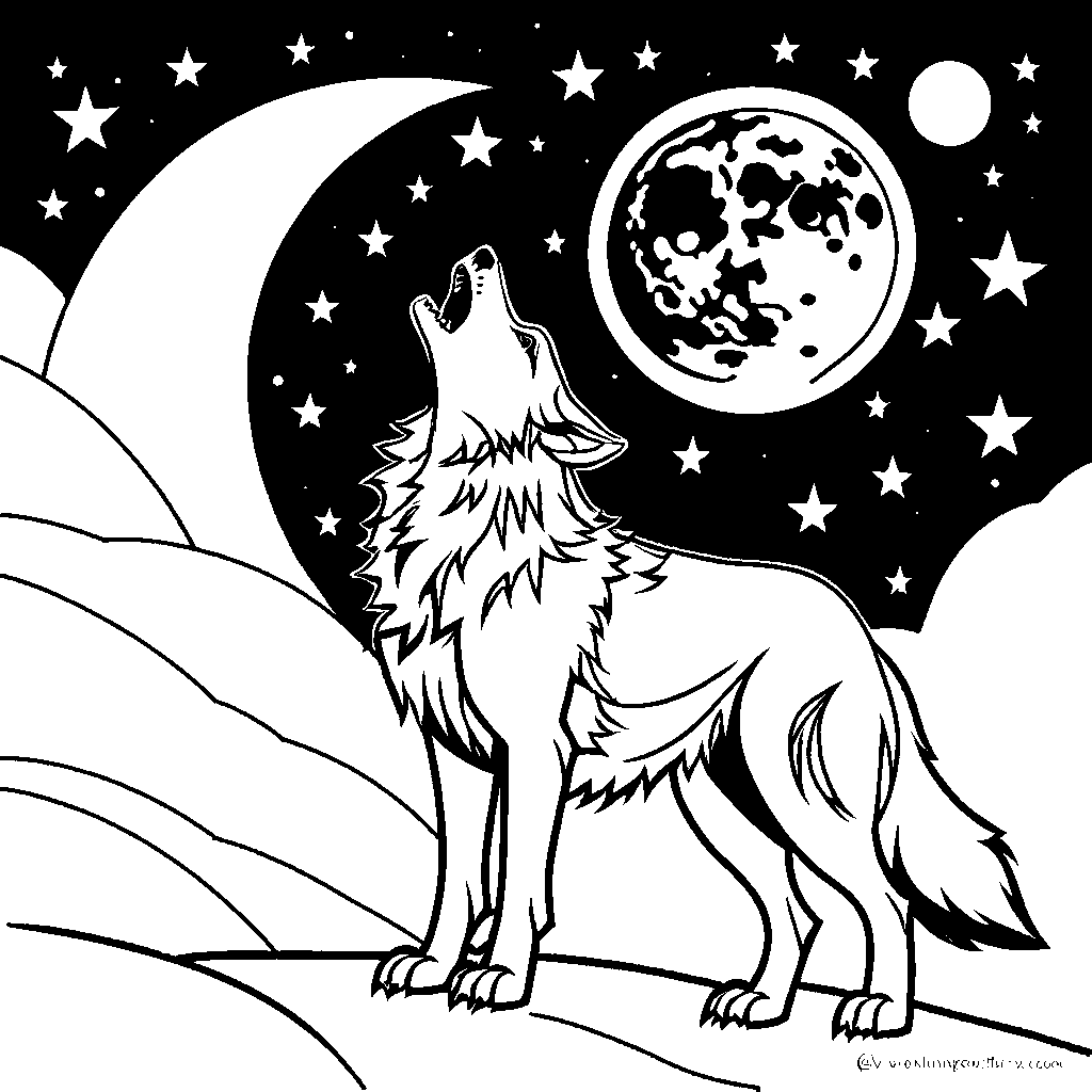 Wolf howling at the moon coloring page