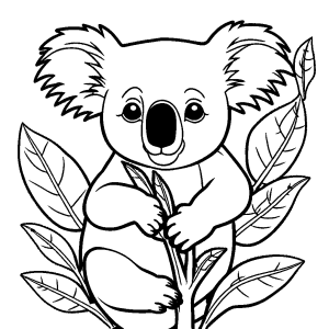 Outline of a koala bear holding onto a bunch of eucalyptus leaves