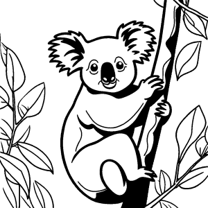 Koala hanging from eucalyptus tree coloring page