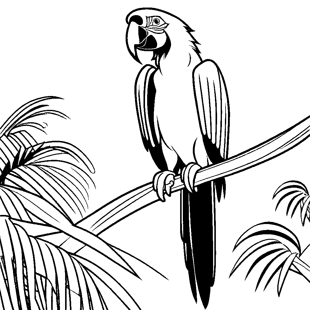 Macaw parrot line drawing perched on a branch