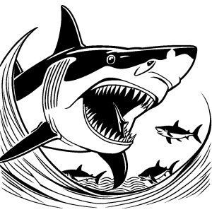 Megalodon shark attacking school of fish coloring page