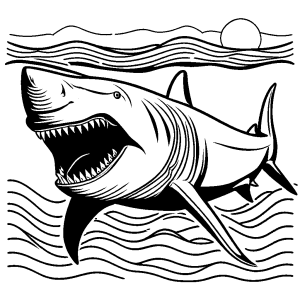 Megalodon shark outline swimming in the ocean coloring page