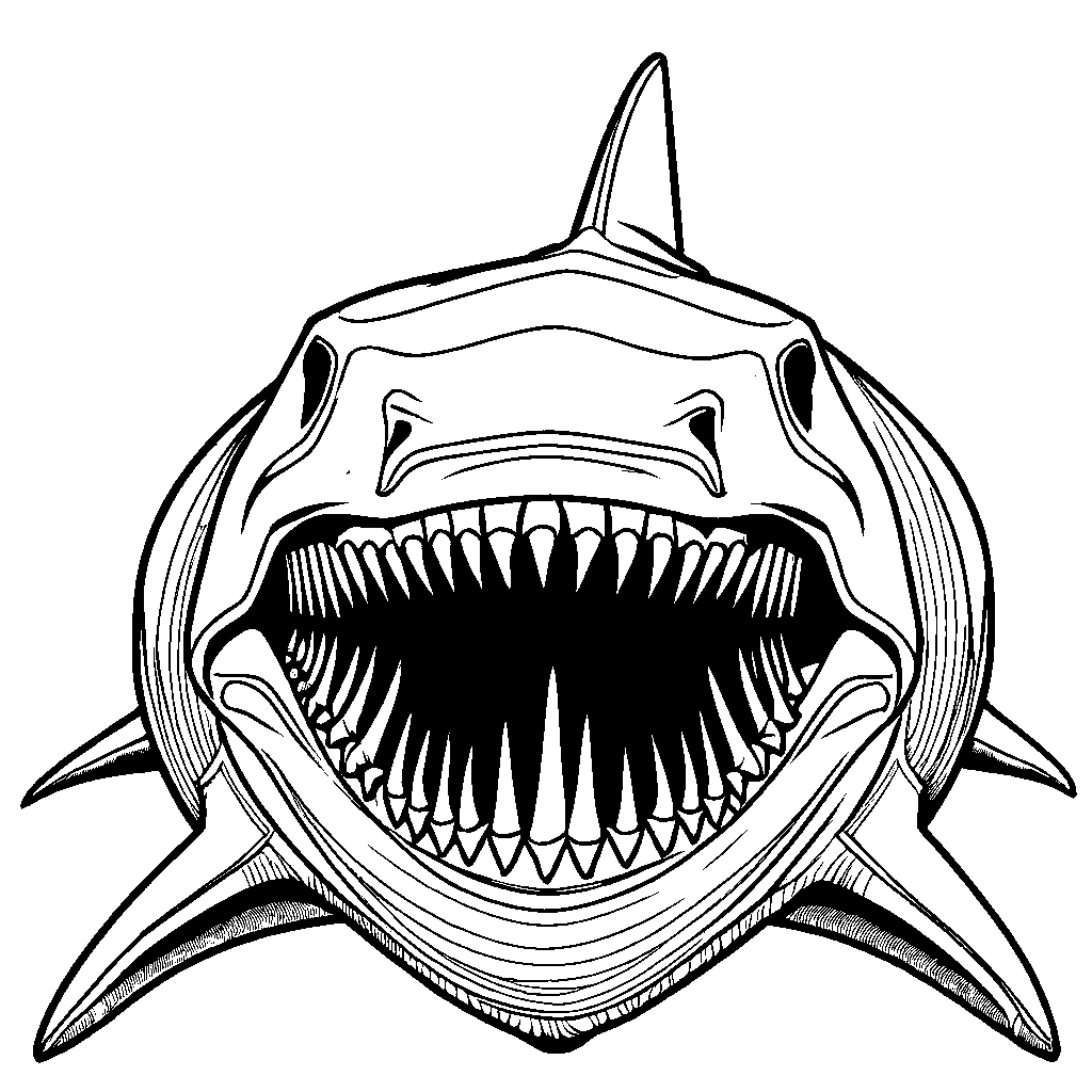 Detailed megalodon shark fossil coloring page