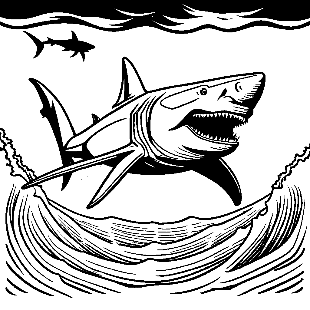 Megalodon shark swimming near shipwreck on ocean floor coloring page