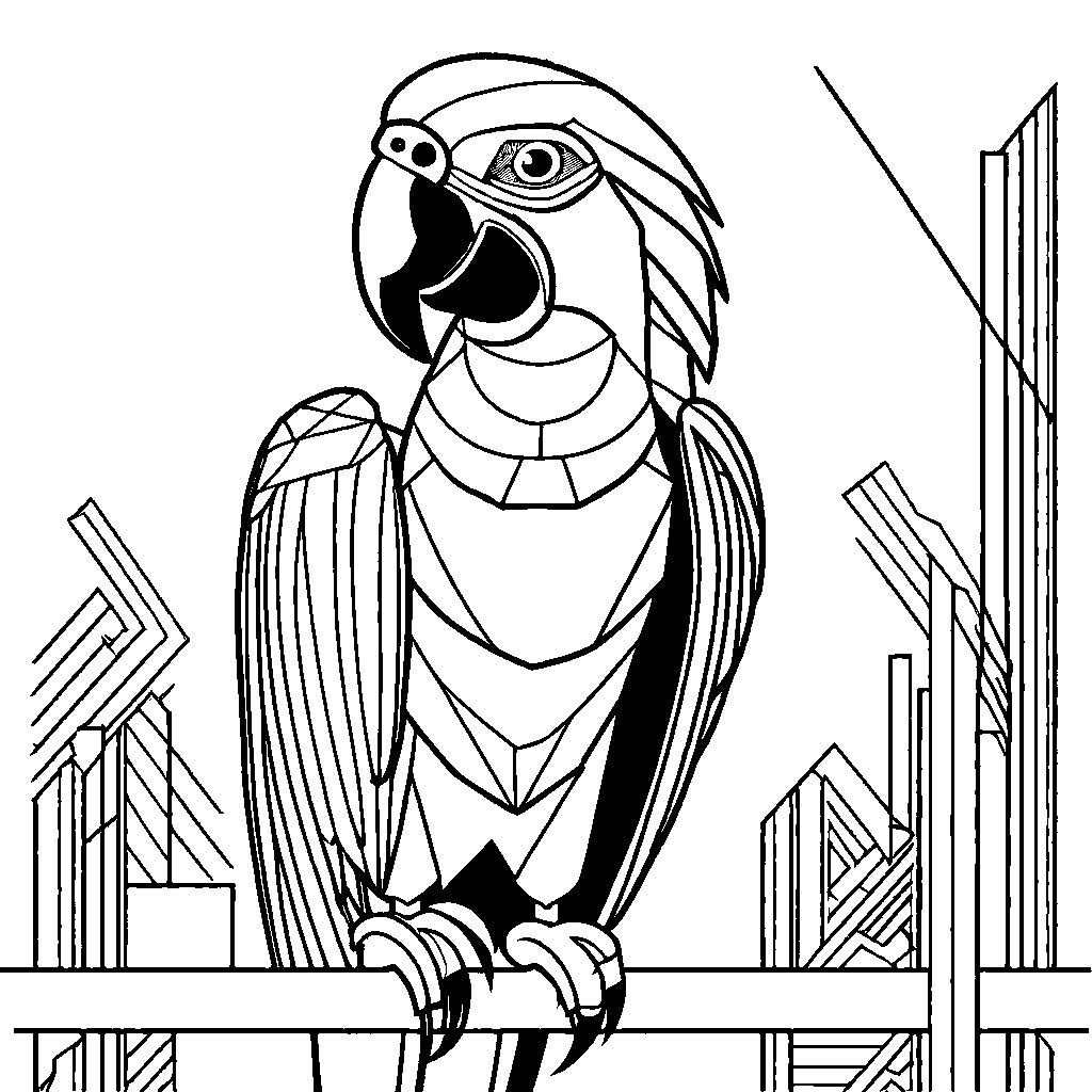 Minimalist drawing of a macaw with geometric shapes for feathers