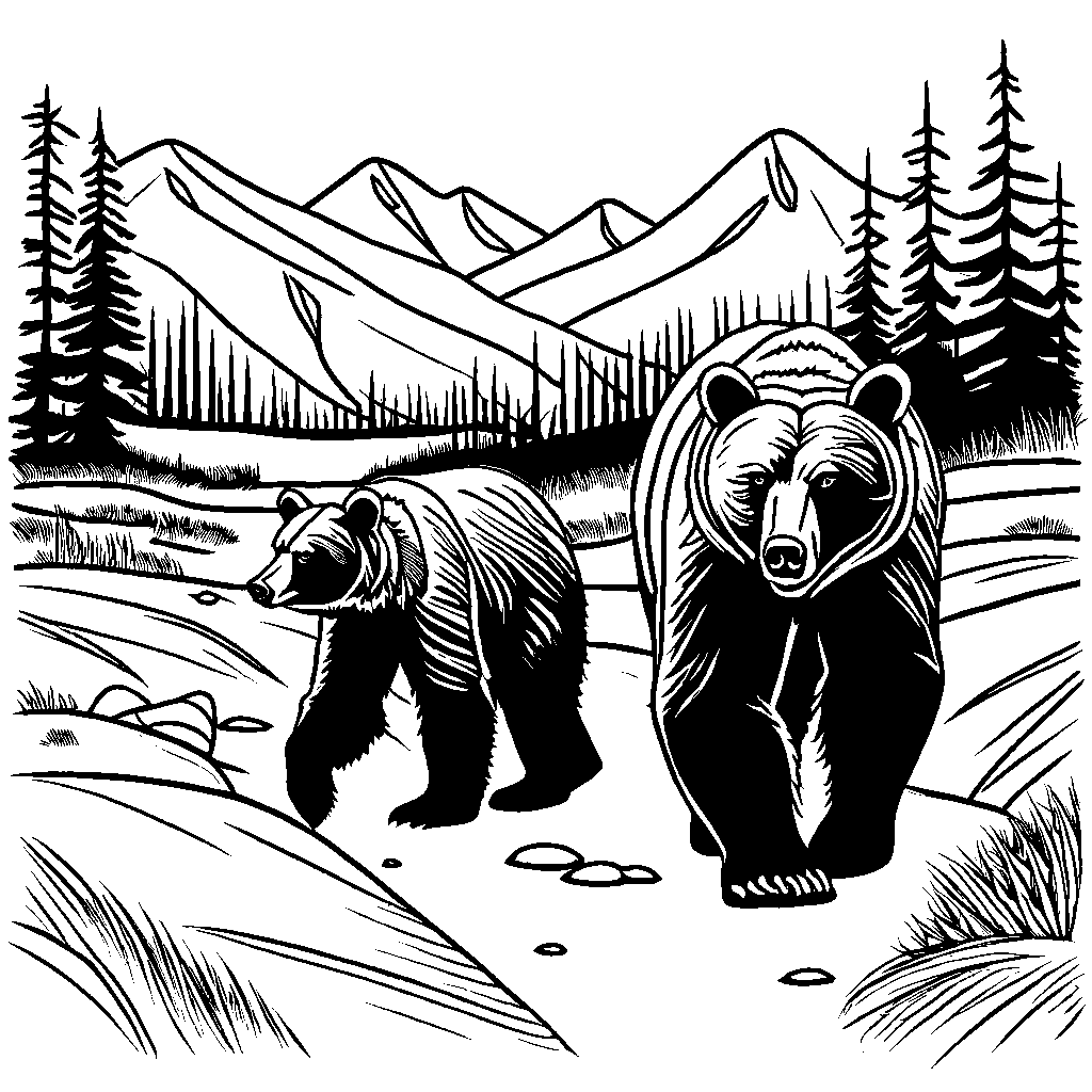 Mother bear and cub walking side by side in the wilderness coloring page