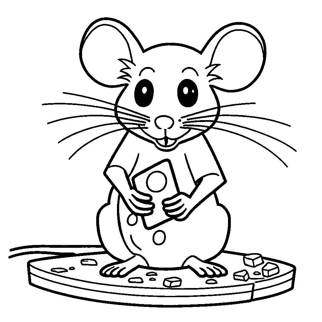 Mouse sitting on cheese coloring page