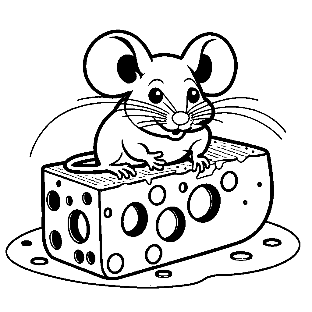 Mouse sitting on swiss cheese coloring page