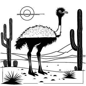 Ostrich with head in sand and desert background coloring page