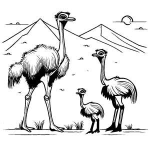 Ostrich family in grassy plains with trees coloring page