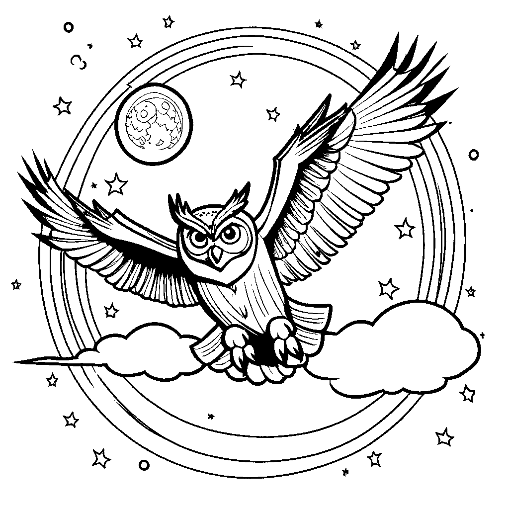 Owl flying in the dark coloring page
