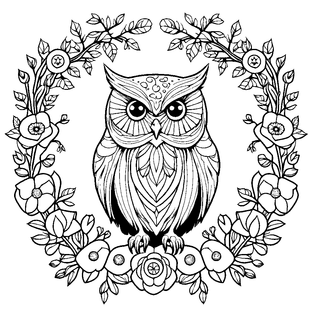 Owl surrounded by flowers coloring page
