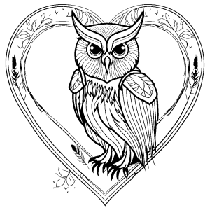 Owl surrounded by heart-shaped feathers coloring page