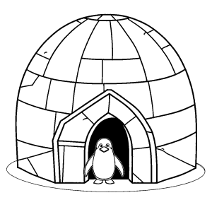 Curious penguin peeking out from behind igloo coloring page