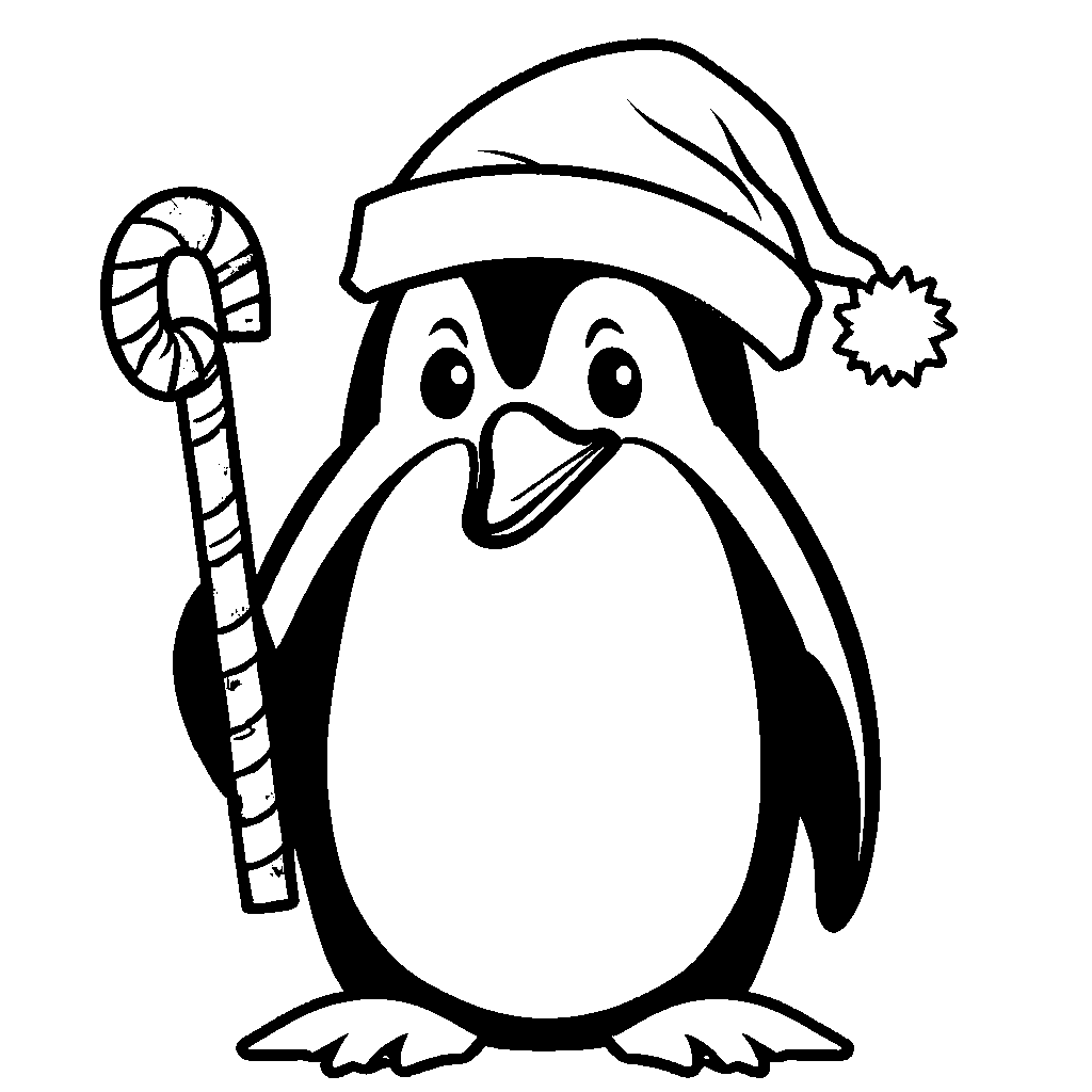 Penguin wearing red Santa hat and holding candy cane coloring page
