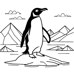 Adorable penguin standing on iceberg with snowy background coloring page