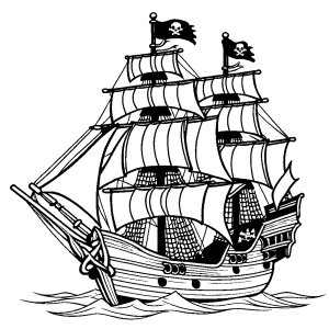 Line drawing of a pirate ship with skull and crossbones flag for coloring fun