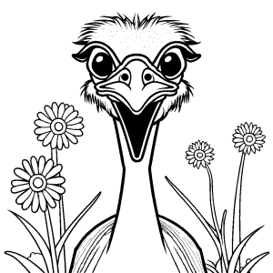 Elegant ostrich with proud expression and simple flowers coloring sheet