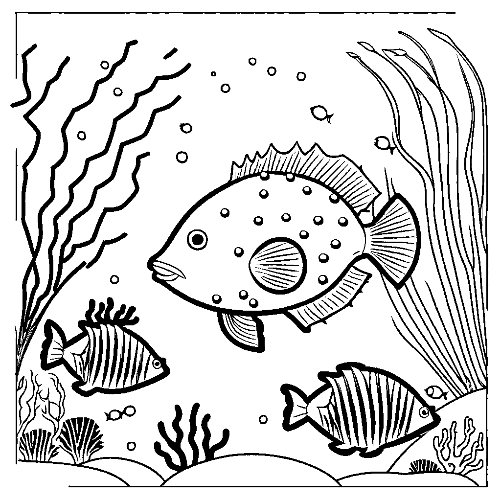 Pufferfish exploring colorful coral reef with various fish and sea creatures coloring page