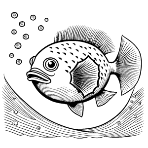 Pufferfish puffing up with swirling ocean currents and tiny fish in the background coloring page