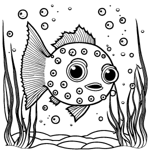 Pufferfish swimming amidst seaweed and bubbles in the ocean coloring page