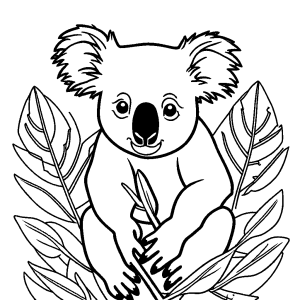 Realistic koala outline drawing with eucalyptus leaves in the background